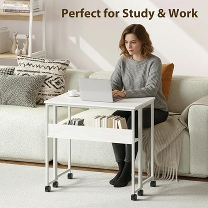 Folding Desk Small Rolling Desk with Storage Shelf,24.8 Inch Foldable Computer Table with Wheels,Portable Office Desk for Small Space Sofa Table,Easy to Fold,Writing Work Office Computer Desk,White