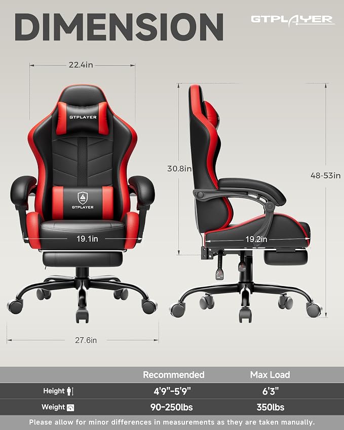 GTPLAYER Gaming Chair, Ergonomic Game Computer Chairs with Foot Rest for Adults, Adjustable PC Game Chair with Reclining Function and Comfortable Headrest for Home and Office Use (RED)