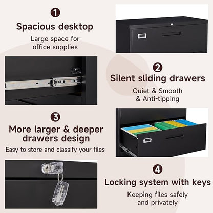 5 Drawer Lateral File Cabinet with Lock, Metal Filing Cabinets for Home Office, Wide Locking File Caninets, Black Office Storage Cabnet for Hanging Letter/Legal / A4 / F4 - Assembly Required