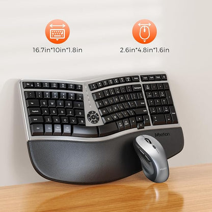 MEETION Ergonomic Wireless Keyboard and Mouse Combo, 2.4G Curved Compact Keyboard with Cushioned Palm Rest, 4 Level DPI Adjustable Wireless Mouse, for Windows/Mac/Desktop/Laptop/PC, Gray Black