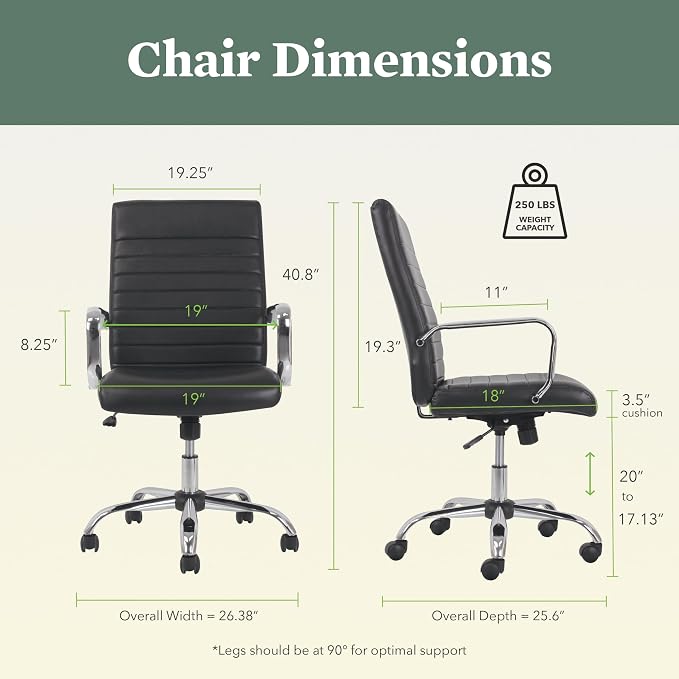 HON Sadie Executive Ergonomic Office Chair with Leather Upholstery, Chrome Arms and Back Support, Mid Back Desk and Computer Chair for Home Office or Conference Room, 360 Swivel, Black