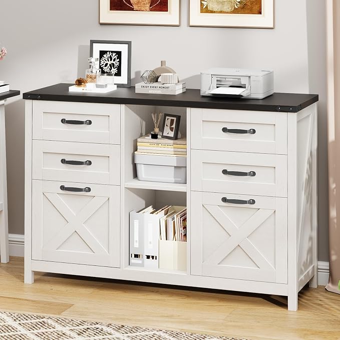 Lateral File Cabinet with 6 Drawers, Farmhouse Filing Cabinet for Letter/A4 Size, Wood File Storage Cabinets Printer Stand with Open Storage Adjustable Shelf for Home Office Cabinets, White and Black