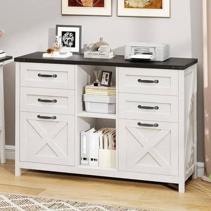 Farmhouse Lateral Filing Cabinet, Lateral File Cabinet with 6 Drawers and Adjustable Shelf, Large Printer Stand with 2 File Drawers for Letter/A4 Size Hanging Files for Home Office, White and Black