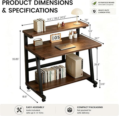 39.4 Inch Compact Rolling Computer Desk with Tier Worktable & Lockable Wheels, Small Computer Desk, Small Desk for Bedroom, Mobile Writing Workstation Easy Assembly for Home Office Small Spaces