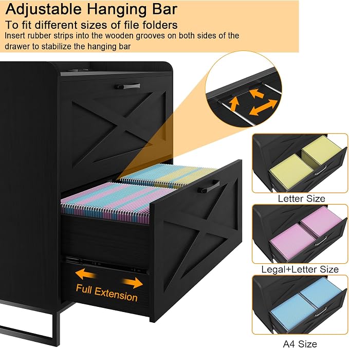 Halitaa Lateral File Cabinet with Charging Station, 2 Drawer File Cabinet for Letter/Legal/A4 Size Hanging Files, Large Wood File Storage Cabinets Printer Stand for Home Office, Black