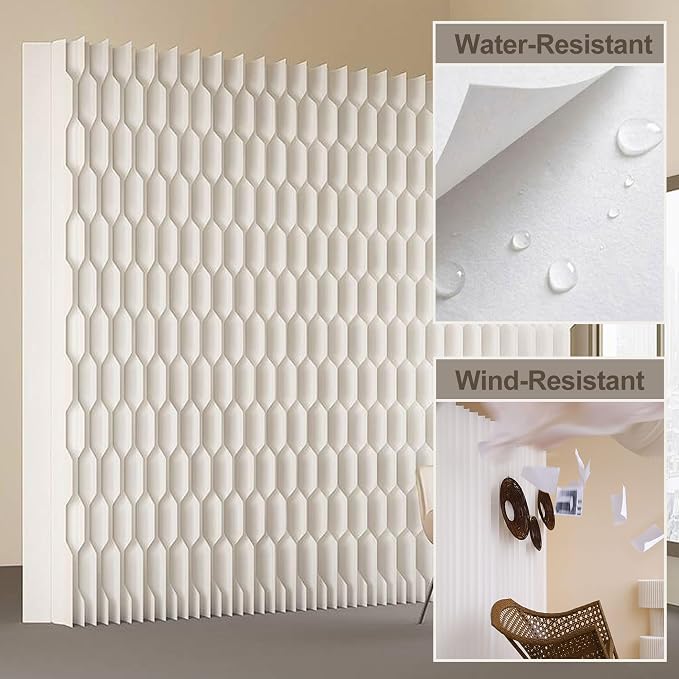 Freestanding Room Divider – Double‑Sided Honeycomb & Pleated, Accordion Kraft Paper Privacy Screen with 16.9" Wide Anti‑Slip Base, Portable Partition Wall for Living Room, Studio, Exhibition