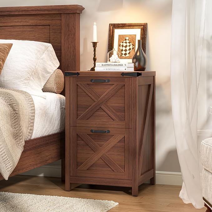 Halitaa 2 Drawer Small File Cabinet, Farmhouse Vertical Filing Cabinet Fits Letter and A4 Size, Under Desk Wooden File Cabinets for Home Office, Printer Stand, Walnut
