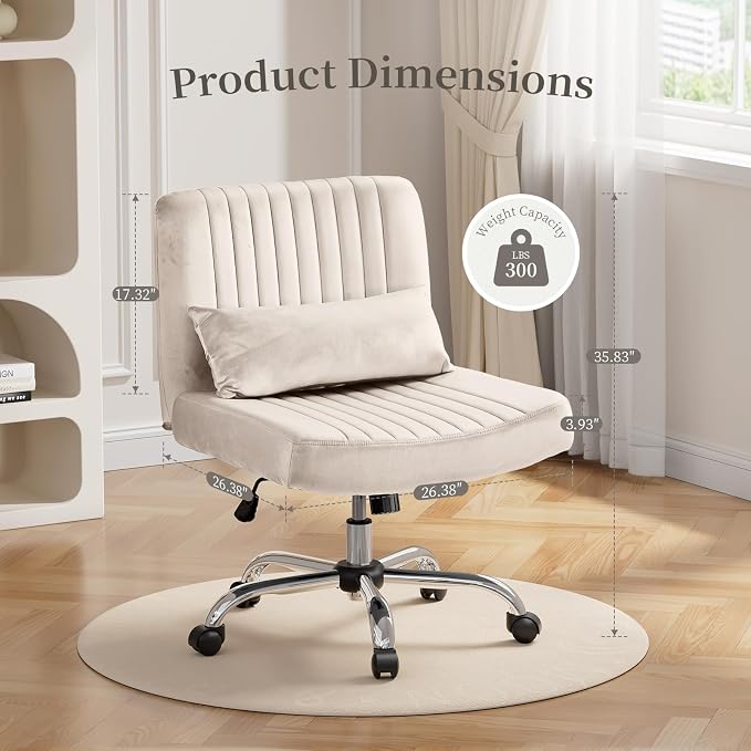 Velvet Office Chair, Luxury Criss Cross Chair with Wheels, Comfy Cross Legged Desk Chair for Home Office, Height Adjustable Vanity Chair, Wide Seat Computer Chair, Gift for Girlfriend, Cozy Beige