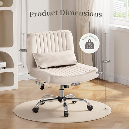 Velvet Office Chair, Luxury Criss Cross Chair with Wheels, Comfy Cross Legged Desk Chair for Home Office, Height Adjustable Vanity Chair, Wide Seat Computer Chair, Gift for Girlfriend, Cozy Beige
