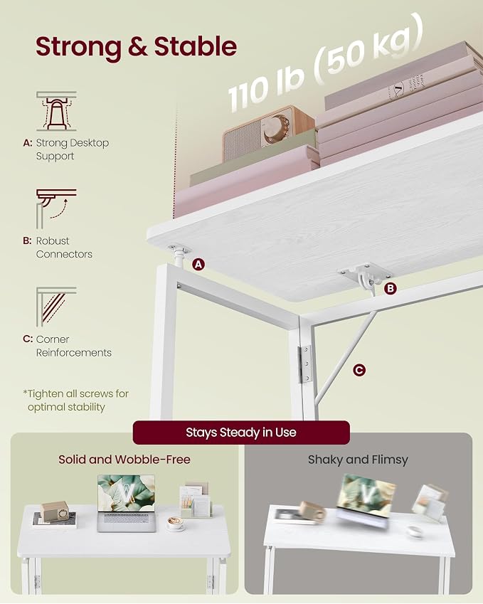 VASAGLE Folding Desk, Foldable Computer Desk, One-Piece Desktop, Rounded Edges, Small Folding Craft Table for Bedroom, Balcony, Camping, Easy Assembly, 31.5 x 15.7 Inches, Matte White ULWD151WF01
