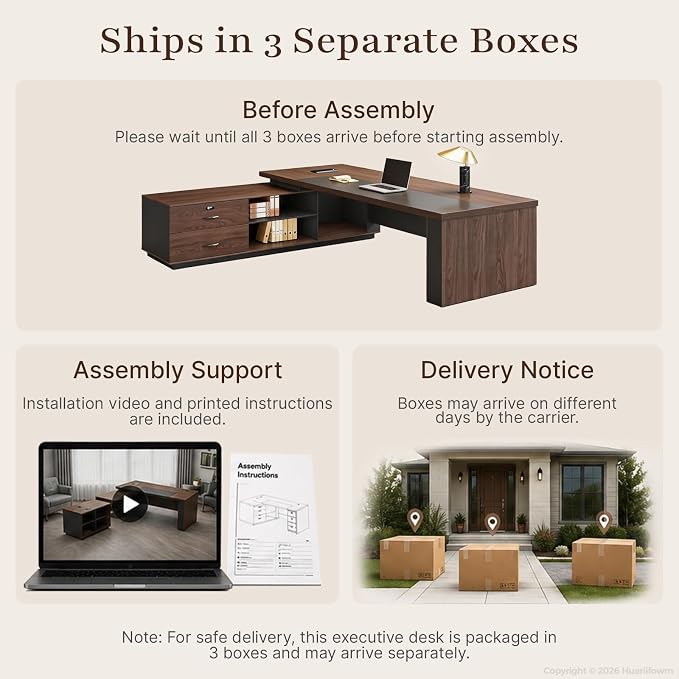 95" Reversible L-Shaped Executive Desk with Locking Drawers, Large Office Desk for CEO and Manager Office, Power Outlet, USB Ports, Storage Shelves, Privacy Panel and LED Light, Walnut Gray
