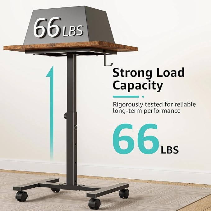 WINAZ Small Portable Laptop Rolling Desk - 24 Inch Mobile Computer Desk Adjustable Height on Wheels for Small Spaces, Couch Kids Desks End Side Table, Teacher Podium for Classroom, Rustic Brown