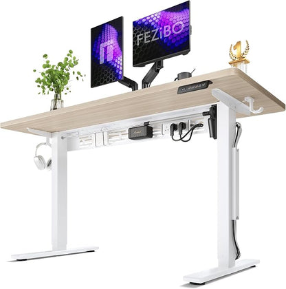 FEZIBO Electric Standing Desk with L-Shaped Crossbar & Cable Management System, 55 x 24 Inches Sit Stand up Desk, Adjustable Height Standing Desk for Home Office, Light Walnut