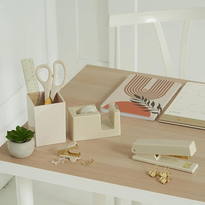 Aesthetic Desk Accessories Set - A Complete Desktop Organizer Set For Women Enhances Any Office Decor - An Office Supplies Kit w Gold Finish incl. Pen Holder, Scissors, Stapler, Tape Dispenser & More