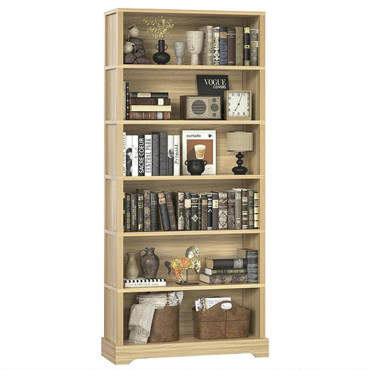 TVU 6-Tier Wooden Bookshelf, 77.2" Tall Farmhouse Style Open Bookcase, 31.5" W Standing Book Shelf with Storage, Suitable for Study, Living Room, Office, Natural Wood Color
