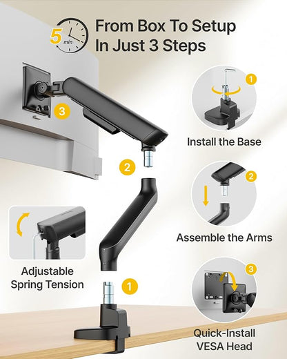 monTEK Single Monitor Arm with USB, Mechanical Spring Monitor Arm for 17-40" Screens, Adjustable Monitor Desk Mount Holds up to 26.4 lbs with C Clamp/Grommet Desk Mount, VESA 75/100mm
