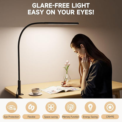 LED Desk Lamp with Clamp, Eye Caring Clip Light for Home Office, 3 Colors Stepless Dimming, Flexible Gooseneck Table Lamp with USB Adapter for Nail Reading Working Workbench Drawing Gaming (Black Pro)