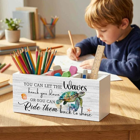 Motivational Sea Turtle Pencil Pen Holder for Desk Organizer, Motivational Gifts, Coastal Beach Sea Turtle Wooden Box Decorations for Home Office Bedroom Desk Tabletop Decor