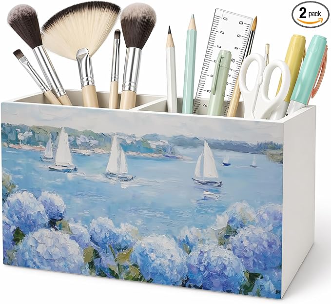Coastal Beach Blue Hydrangea Pen Pencil Holder for Desk, Blue Pencil Holders Wooden Box Organizer for Girls Room Bedroom Dorm Desk Tabletop,Hydrangea Home Decor
