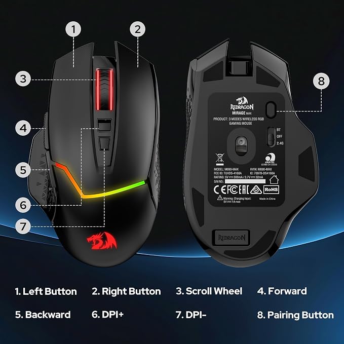 Redragon M690 MAX Wireless Gaming Mouse, Tri-Mode RGB Mice w/ 7 Macro Buttons, 12800 DPI, 400mAh Rechargeable Mouse for PC/Mac/Laptop