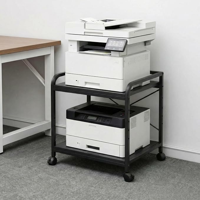 2 Tier Large Printer Stand, 20 Inches Deep Under Desk Printer Table with Height Adjustable Shelf, Rolling Printer Cart with Wheels for Home Office Storage - Black