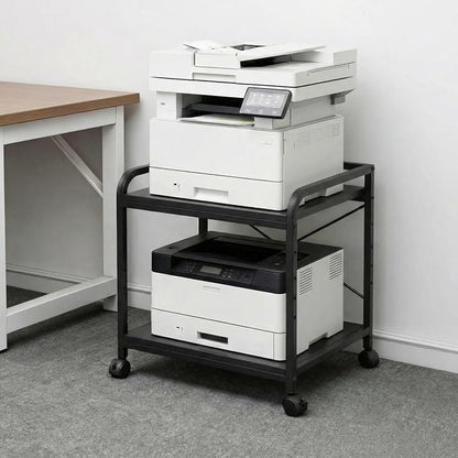 2 Tier Large Printer Stand, 20 Inches Deep Under Desk Printer Table with Height Adjustable Shelf, Rolling Printer Cart with Wheels for Home Office Storage - Black