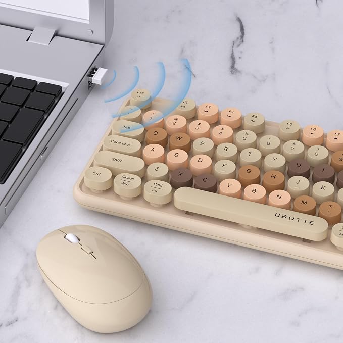UBOTIE Colorful Wireless Keyboard and Mouse Combos, Retro Typewriter Floating Flexible Full-Sized Keys Computer Keyboard with Optical Mouse, 2.4GHz USB Connection for Windows Mac (Milk Tea -Colorful)
