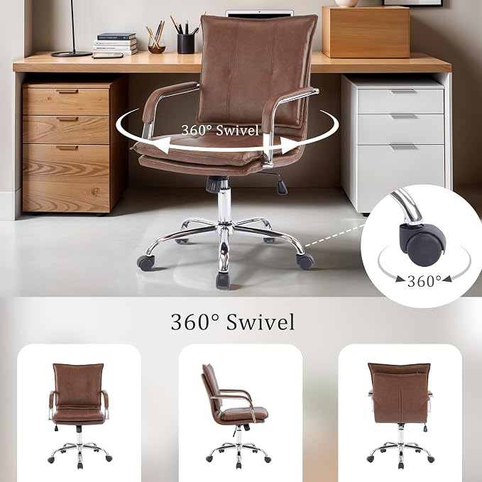 Mid-Back Ergonomic Leather Office Chair, Modern Upholstered Executive Desk Chair with Gold Frame Armrest Computer Task Chair (Brown &Silver Legs)