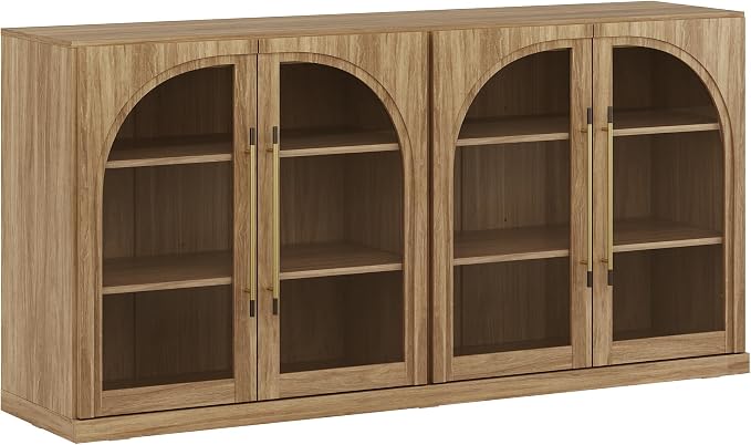 BELLEZE 65" Kitchen Storage Cabinet with Adjustable Shelves,Freestanding Accent Cabinet with Fluted Arched Design & Gold Handles,Modern Credenza for Living Room,Dining Room,Entryway - Camel