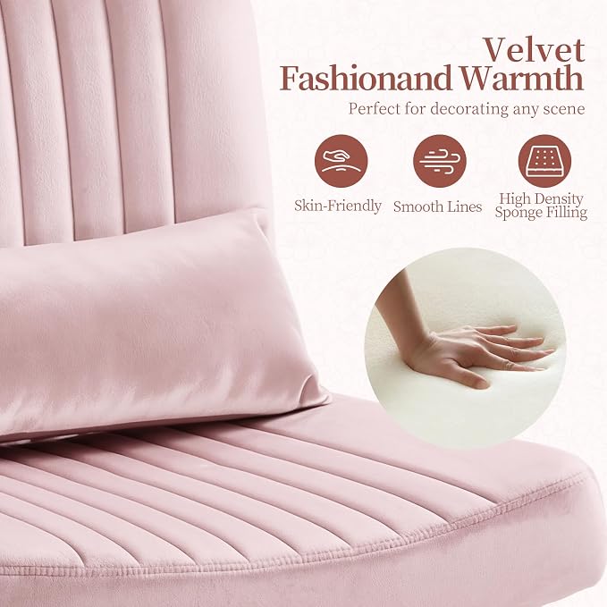 Velvet Criss Cross Chair with Wheels, Luxury Cross Legged Office Chair, Comfy Desk Chair for Home Office, Wide Seat Computer Chair, Armless Vanity Chair, Birthday Gift for Girls & Women, Blush Pink
