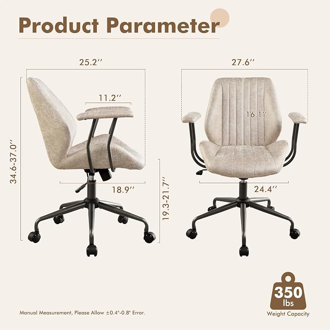 Mid Back Office Chair Mid Century Modern Executive Chair,Lumbar Support Ergonomic Home Office Desk Chair,Rolling Swivel Task Chair Task Chair Armrests Height Adjustable,350lbs (Beige)