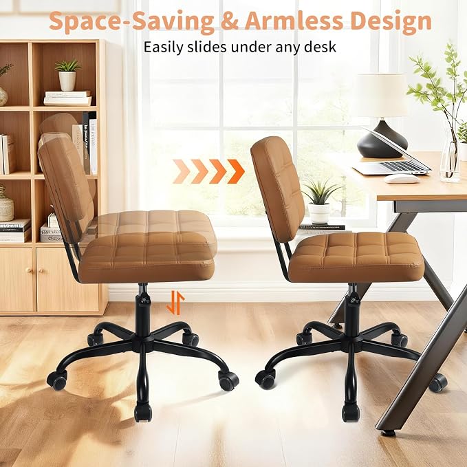 Armless Home Office Desk Chair - Small Swivel Office Desk Chairs with Rolling Wheels - Height Adjustable PU Leather Computer Chair with Comfy Low Back - For Small Space, Bedroom, Home, Vanity- Brown