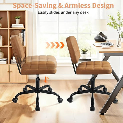 Armless Home Office Desk Chair - Small Swivel Office Desk Chairs with Rolling Wheels - Height Adjustable PU Leather Computer Chair with Comfy Low Back - For Small Space, Bedroom, Home, Vanity- Brown