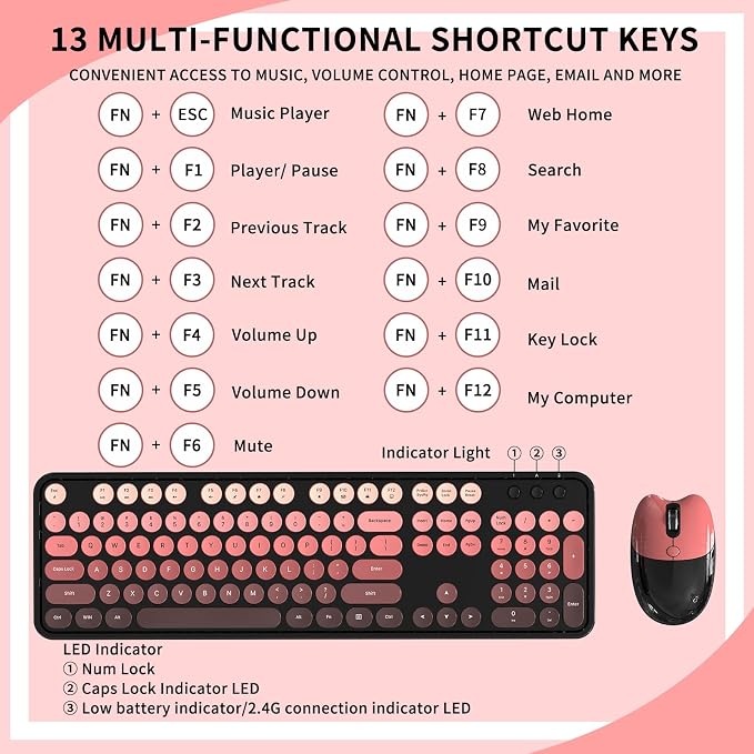 Wireless Keyboard and Mouse, 104 Round Keycaps Retro Typewriter with OTG & Brush, Full-Size Ergonomic, Ideal for Windows PC, Home, Office and College Black Pink