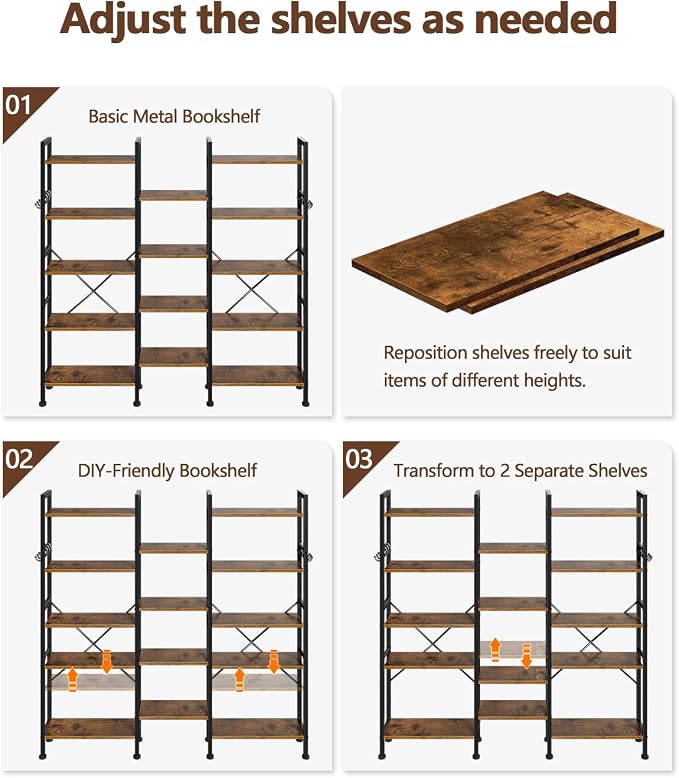 Furologee Triple Column 5 Tier Bookshelf, Large Bookcase with 14 Display Shelves, Adjustable Book Shelf with 6 Hooks, Rustic Bookshelves Storage Organizer, Shelving Unit for Living Room, Bedroom