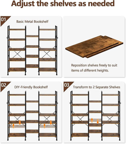 Furologee Triple Column 5 Tier Bookshelf, Large Bookcase with 14 Display Shelves, Adjustable Book Shelf with 6 Hooks, Rustic Bookshelves Storage Organizer, Shelving Unit for Living Room, Bedroom