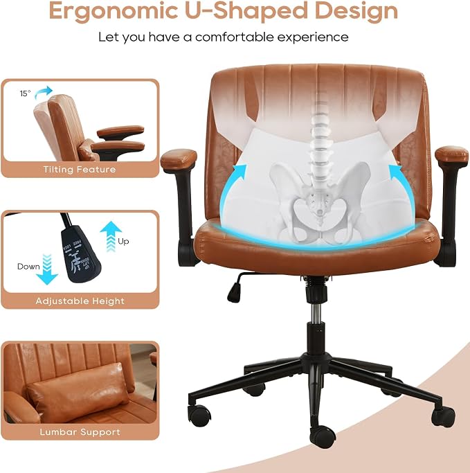 IPKIG Criss Cross Chair with Adjustable Flip-up Arms, Vanity Chair with Wheels, Comfy Desk Chair with Lumbar Pillow Swivel Wide Office Chair for Home Office, Bedroom (PU Leather, Brown)