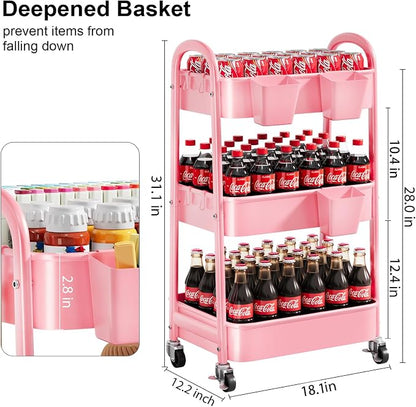 3 Tier Rolling Storage Cart Metal with Wheels, Pink Three Tiered Craft Cart Organizer on Wheels, Utility Carts for Baby Nursery, Diaper Caddy, Art, Book, Snack, Nail, Makeup, Bathroom Supplies, Mesh