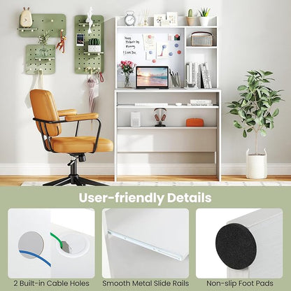 Giantex White Desk with Hutch, Small Computer Workstation with Bookshelf, Magnetic Whiteboard, PC Laptop Desk with Keyboard Tray & Cable Hole, Writing Desk for Small Spaces, Bedroom, Home Office