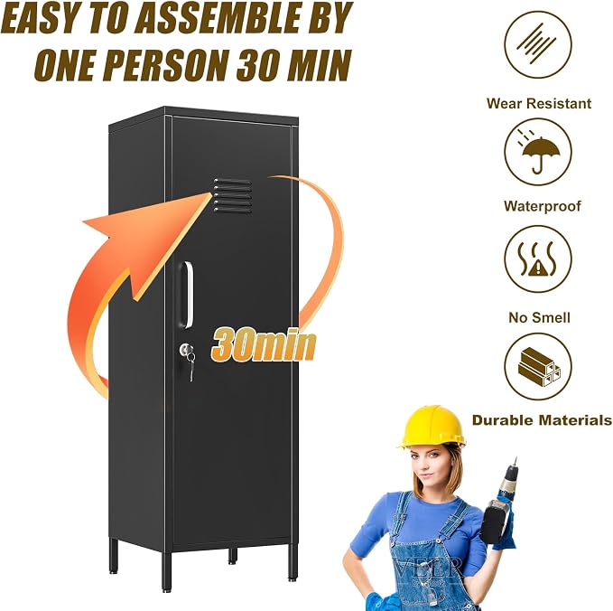 Black Metal Locker Cabinet, 47" H Home Office Storage Lockers, Vertical Steel Storage Cabinet with Locking Door and 3 Adjustable Shelves, Garage Tool File Cabinets for Home Office,Garage,Bathroom