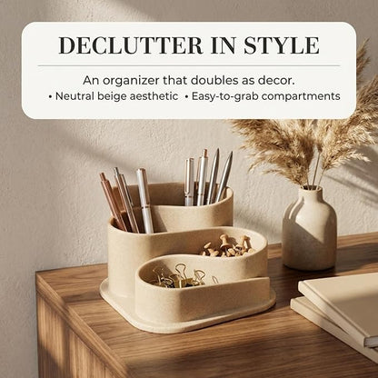 OAKOA Aesthetic Desk Organizer - Aesthetic Office Desk Accessories - Boho Pen Holder - Neutral Beige Desk Accessories - Home Office Essentials for Women - Cute Pencil Holder