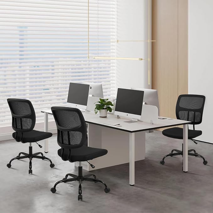 CLATINA Armless Home Office Chair, Small Ergonomic Mesh Back Desk Chair with Lumbar Support and Wheels, Adjustable Height 360° Swivel Rolling Computer Chair for Conference Waiting, Black, 6Pack