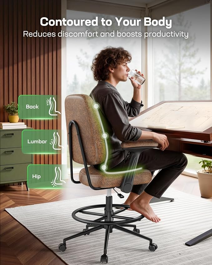 Marsail Drafting Chair with Flip-Up Armrests and Footrest, Ergonomic Tall Office Chair, Height Adjustable High Chair, Brown Leather Seat with Thick Cushion, 360° Swivel, Pack of 2
