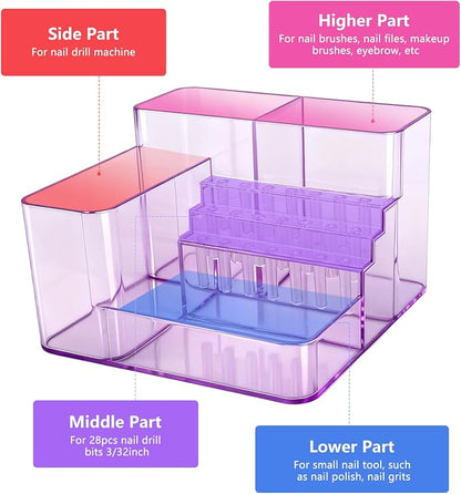 Nail Drill Holder, 21 Holes Nail Drill Machine & Bits Storage Box, Acrylic Nail Drill Bit Holder Professional Nail Tools Organizer, Nail Desk Organizer for Nail Tech (Purple)