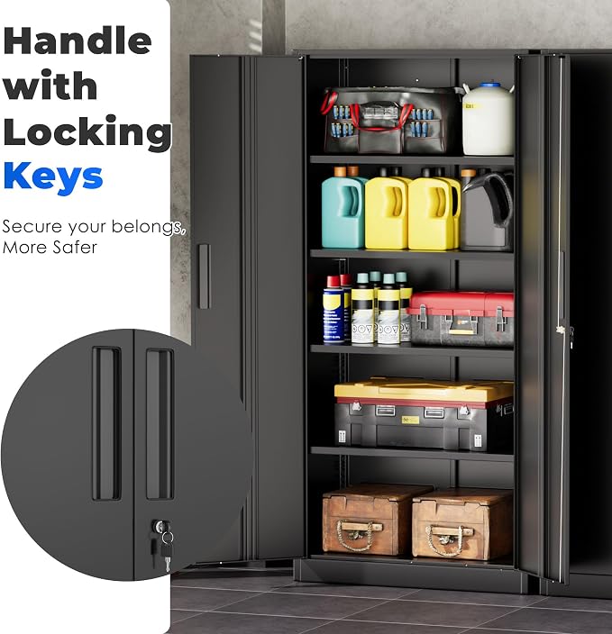 INTERGREAT Garage Storage Cabinet with Doors and Shelves, Metal Storage Cabinets with Lock, Lockable Steel Supply Cabinet for Home Office, Warehouse, Black
