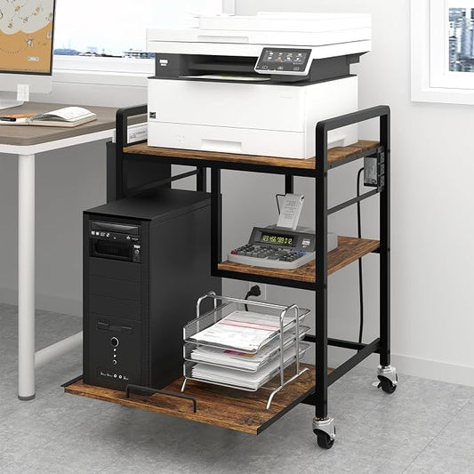 Sedegn Large Printer Stand with Wheels: Lockable Rolling Printer Cart | 24 x 18 Inch Top Fits Laser Printers Shredders and PC Towers 3-Outlet Power Strip and Storage Bag for Home Office (Brown)