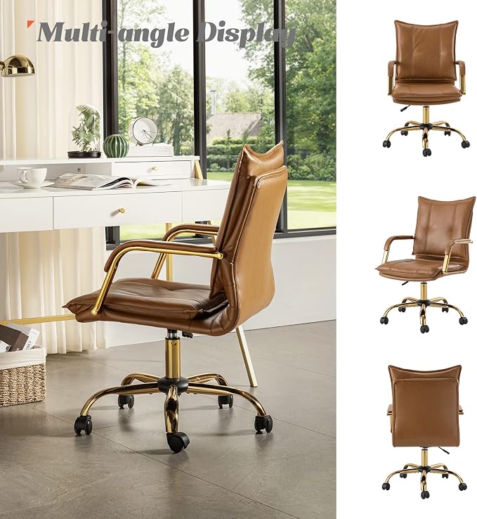 HULALA HOME Faux Leather Home Office Desk Chair, Adjustable Swivel Computer Chair with Golden Legs and Arms, Comfy Upholstered Task Chair,Camel