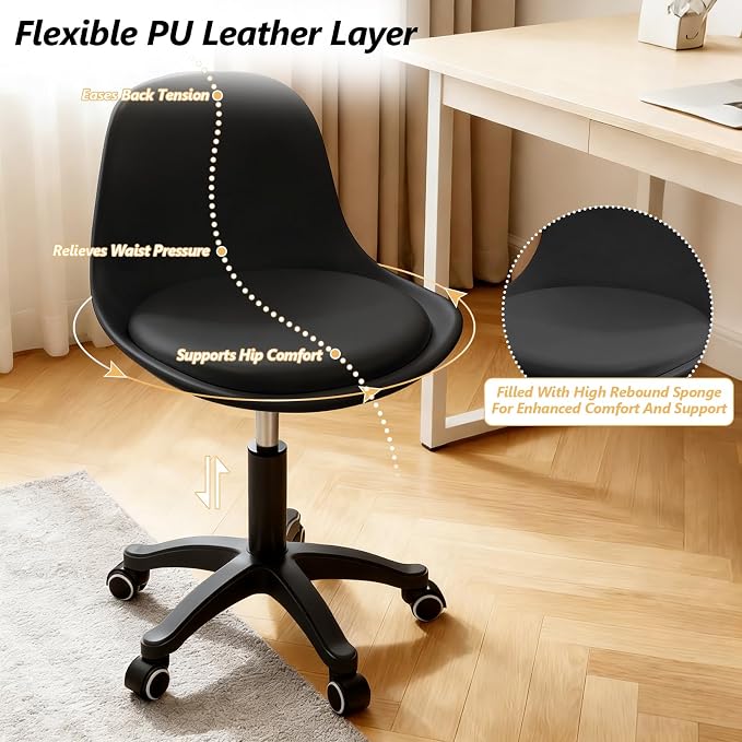 Home Office Chairs, Small Swivel Rolling Desk Chair with Silent Wheels and Low-Back,Armless Heavy-Duty Vanity Chair Height Adjustable for Bedroom,Students,Study,Teens