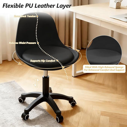 Home Office Chairs, Small Swivel Rolling Desk Chair with Silent Wheels and Low-Back, Armless Heavy-Duty Vanity Chair Height Adjustable for Bedroom, Teens, Study, Living Room