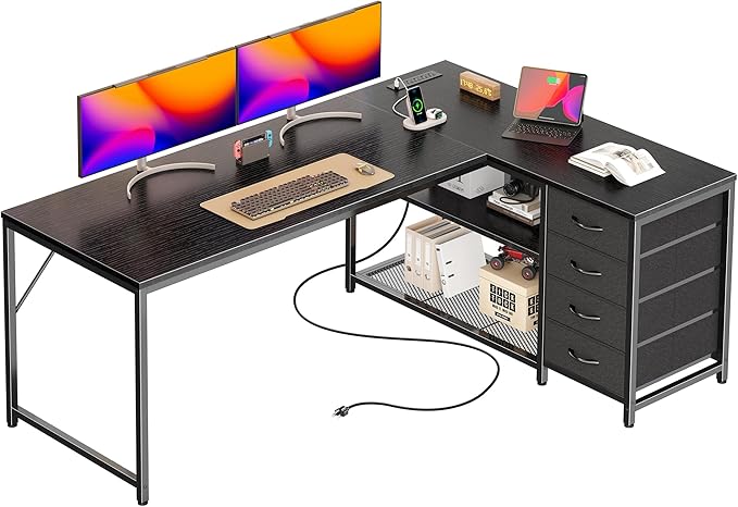 PRAISUN 53" L Shaped Desk with Power Outlets & USB-C Port, Reversible Computer Corner Office Desk with 4 Fabric Drawers and 2 Storage Shelves, Large Desk for Gaming Writing Work Study, Black